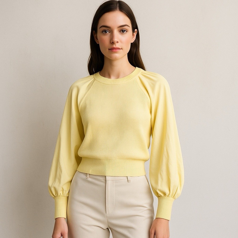 Derek Lam 10 Crosby Balloon Sleeve Ribbed Knit Top Yellow Blouse Size 8 MSRP 395